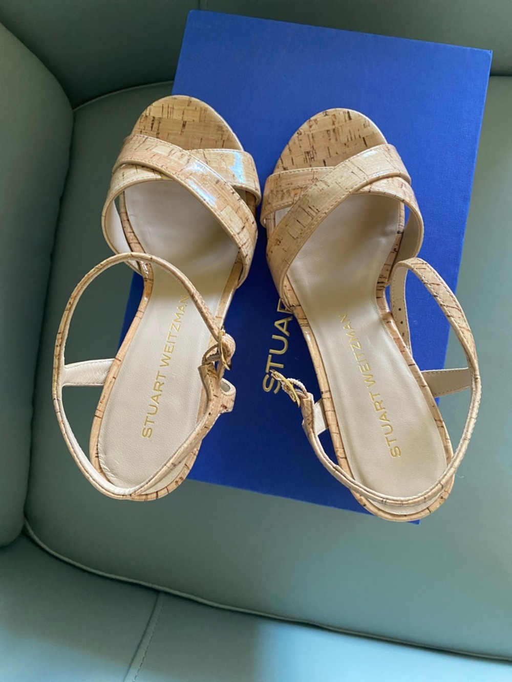 Stuart Weitzman Natural Cork-Patterned Crisscross Sandals